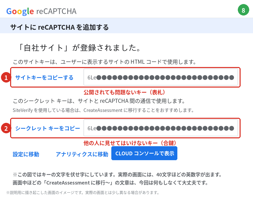 2つのキーが表示された画面（キーは伏せ字にしています）